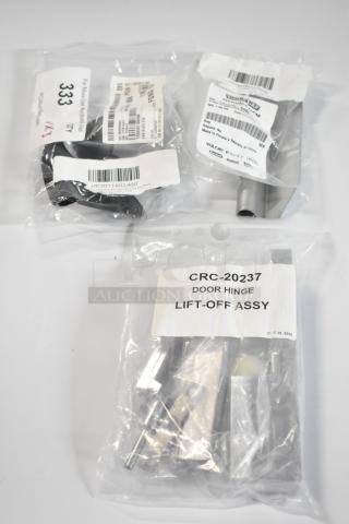 3 brand new items: Continental Refrigerator CRC-20237 hinge, Vulcan tube, Turbo Air fan blade. In packaging, with labels.