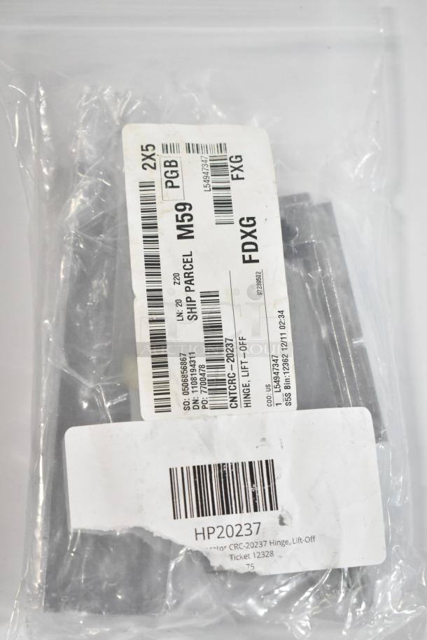 Three brand new scratch and dent items in packaging including a Continental Refrigerator CRC-20237 hinge.