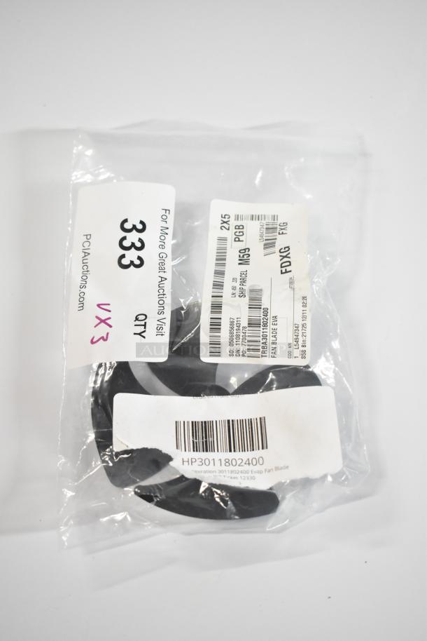 Three brand new items: Continental Refrigerator CRC-20237 Hinge, Vulcan Tube 00-787275-00001, Turbo Air Evap Fan Blade HP3011802400. Plastic packaging with visible tags and item numbers.