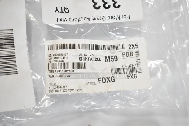 Bag with barcode and label for Turbo Air Refrigeration 3011802400 Evap Fan Blade, item details visible, brand-new condition.