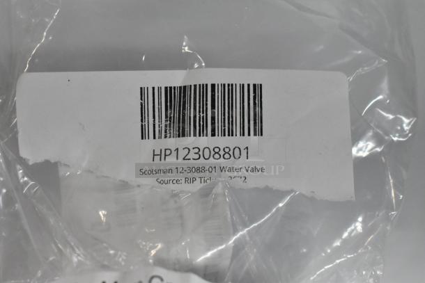 Scotsman 12-3088-01 water valve in packaging, label visible. Brand new condition, includes barcode and item code HP12308801.