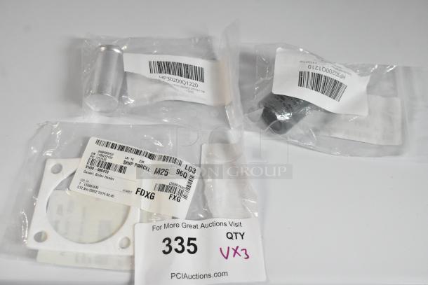 Three brand new items: Vulcan 00-880410 heater gasket, Turbo Air 30200Q1220 run capacitor, Turbo Air 30200Q1210 start capacitor in packaging.