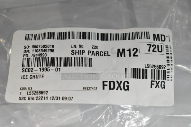 Label on clear packaging for Scotsman Ice Chute, model 02-1995-01, showing shipping details and barcodes.