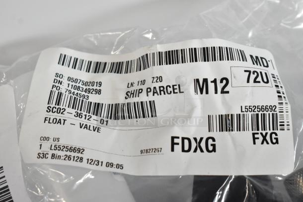 Scotsman Float Valve in sealed package with labeled shipping details and barcode visible. Model SCO2-3612-01.