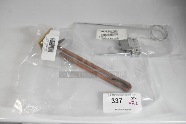 Brand new Hatco thermostat and element in packaging. Labels show models 02.16.011.00 and R02.04.451.00.