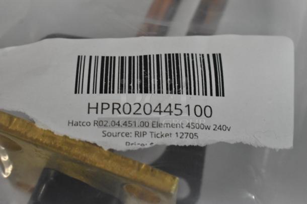 Hatco R02.04.451.00 Element, 4500w 240v, new condition, HPR020445100 label visible, includes RIP Ticket 12705.