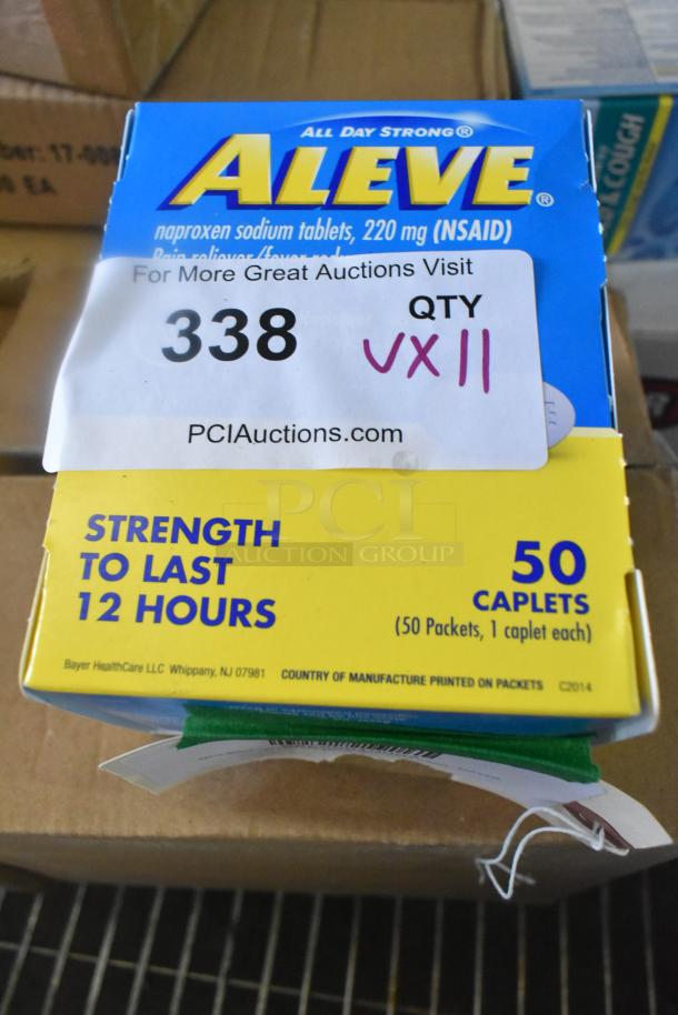 Box of Aleve naproxen sodium tablets, 220 mg (NSAID), 50 caplets. Label: "Strength to last 12 hours." Auction tag: Qty 11.