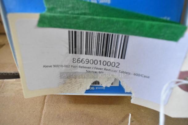 Box label showing barcode and product details for Aleve 90010-002 Pain Reliever, 600 tablets per case. 