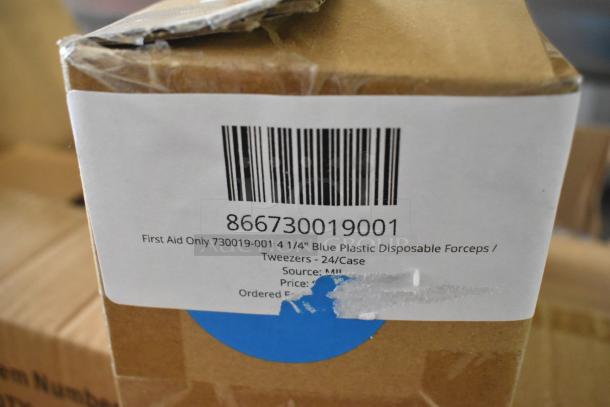 Box labeled "First Aid Only 4 1/4" Blue Plastic Disposable Tweezers, 24/Case" with barcode 866730019001.