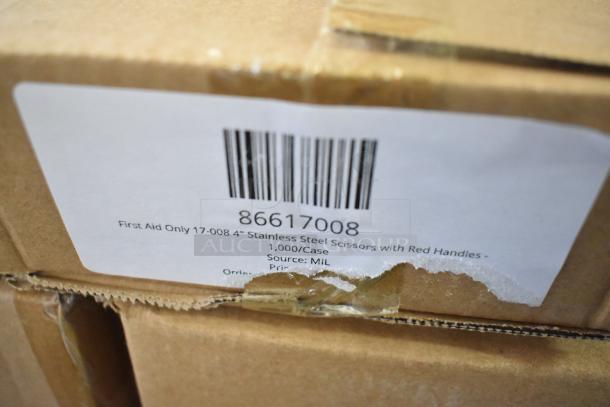 Cardboard box labeled with barcode 86617008. Marked for First Aid Only 4" scissors, 1,000/case. Box shows wear.