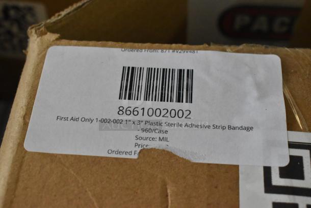 Box of 960 First Aid Only 1"x3" plastic sterile adhesive strip bandages, barcode 8661002002, labeled for sale.