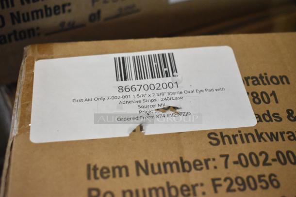 Box with label for First Aid Only sterile oval eye pads, 1 5/8" x 2 5/8", 240 per case, with adhesive strips, barcode visible.