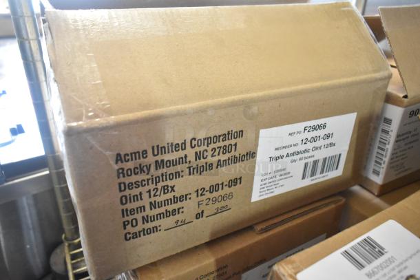 Cardboard box labeled "Acme United Corporation, Triple Antibiotic, 12/Bx." Includes reorder and item numbers. Quantity: 60 boxes.