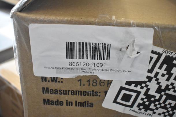 Cardboard box with a label showing barcode 86612001091 for First Aid Only 0.5g Triple Antibiotic Ointment Packet, 720/Case.