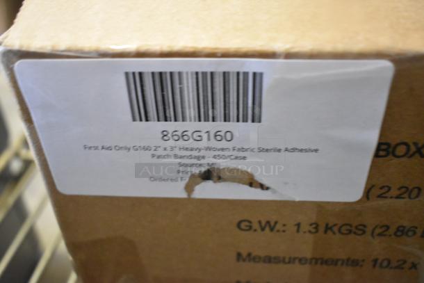 Cardboard box with label showing barcode and text "First Aid Only G160 2" x 3" Heavy-Woven Fabric Sterile Adhesive Patch Bandage - 450/Case." Slight tear visible.