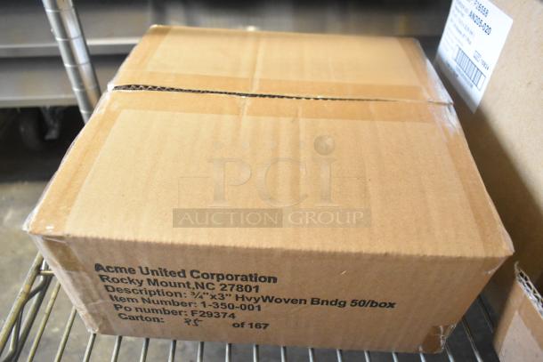 Cardboard box labeled "Acme United Corporation," containing brand new scratch and dent items, including tweezers and bandages.