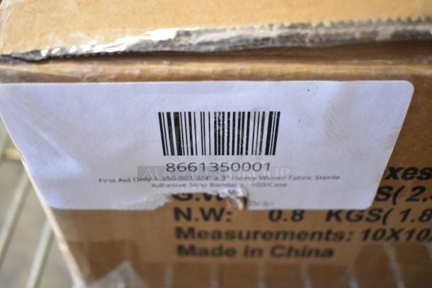 Box of 11 new scratch and dent items. Barcode: 8661350001. Includes tweezers, medicine, bandages, eye pads.