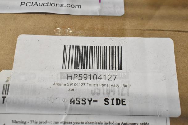 Alt text: Amana 59104127 Touch Panel Assy, HP59104127, labeled "BRAND NEW SCRATCH AND DENT," packaging label visible.