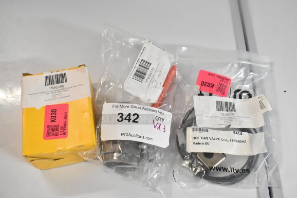 Three brand new parts: Avantco Ice 1946396 hot gas valve, Frymaster 8064145 valve, and Avantco Ice 1945414 valve coil.