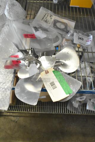 Six brand new scratch and dent items including a Southbend gas valve, Frymaster pump seal kit, Avantco Ice parts, all labeled with tags.