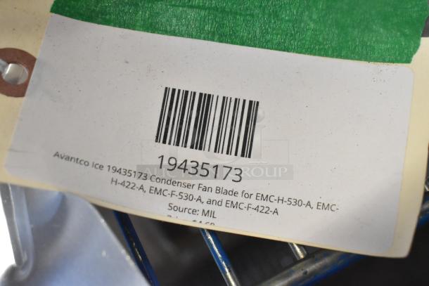 Avantco Ice 19435173 condenser fan blade label, compatible with EMC-H-530-A, EMC-H-422-A, EMC-F-530-A, and EMC-F-422-A.