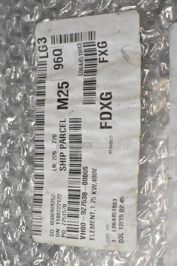 Vulcan element label on bubble wrap, indicating model 00-927538-0006S, 1.75 kW, 480V, brand new condition.
