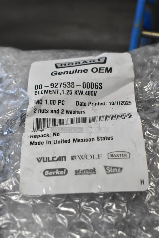 Brand new Vulcan element part 00-927538-0006S, 1.25 KW, 480V, includes 2 nuts and washers, with OEM label, made in Mexico.