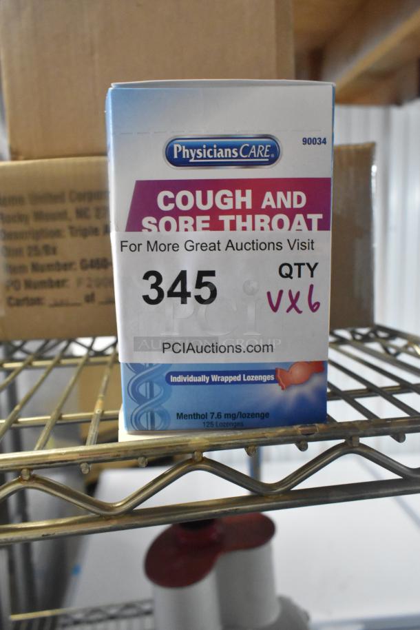 Brand new PhysiciansCare cough and sore throat lozenges box, 125 count, scratch and dent condition. Auction tag with lot 345.