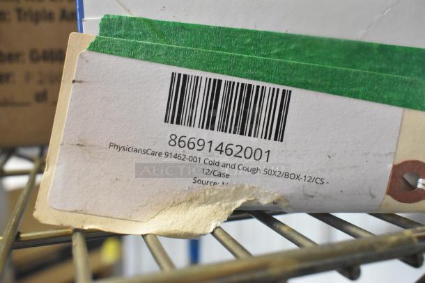 Auction lot of six new PhysiciansCare and First Aid Only items, various cases. Visible label: PhysiciansCare Cold and Cough 12/Case.