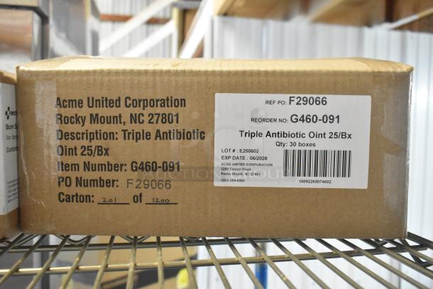 Box labeled "Triple Antibiotic Ointment 25/Bx" from Acme United Corporation. Item Number: G460-091, 30 boxes, exp. 06/2028.