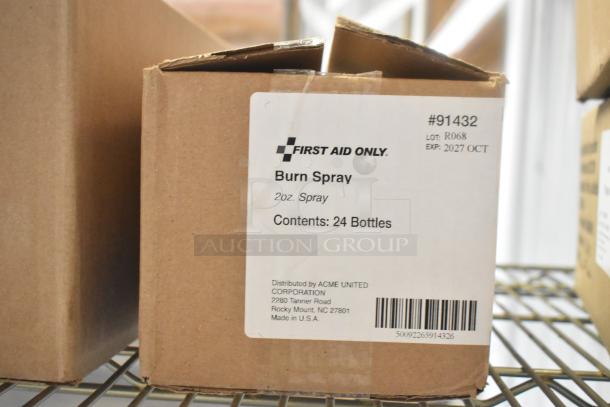 Box of First Aid Only 2 oz. Burn Spray, 24 bottles per case, label showing lot R068, expiring 2027 OCT.