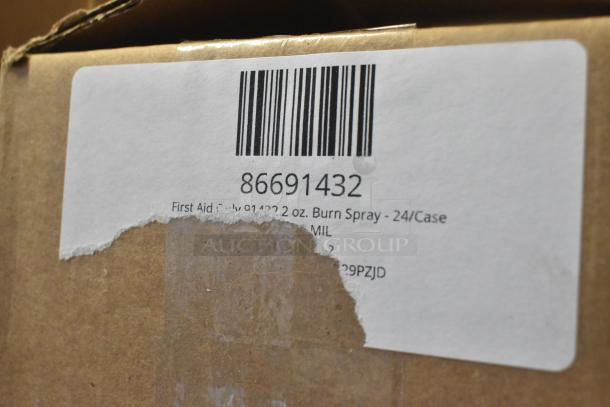 Cardboard box with barcode and label for First Aid Only 91432, 2 oz. Burn Spray, 24/Case, item number 86691432.