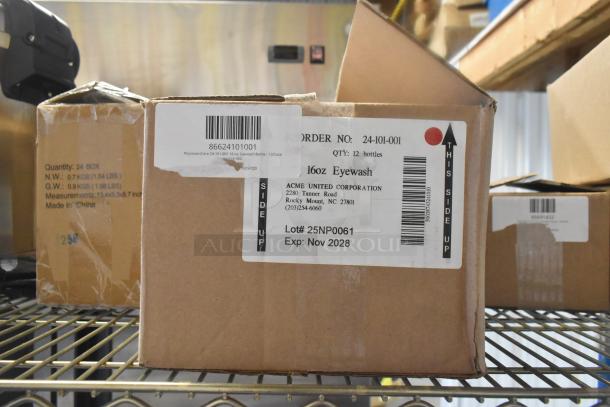 Box labeled "PhysiciansCare 24-101-001 16 oz. Eyewash Bottle - 12/Case." Lot# 25NP0061, Exp: Nov 2028. New condition.