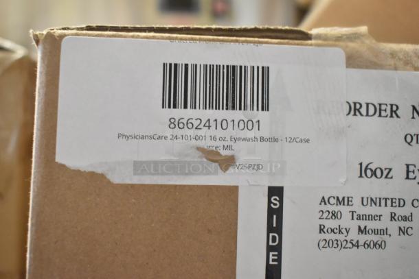 Cardboard box with label showing PhysiciansCare 24-101-001, 16 oz. Eyewash Bottle, 12/Case, barcode 86624101001.