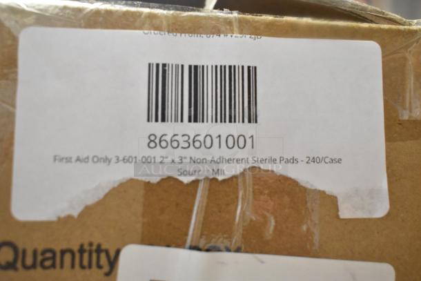 Box with barcode for First Aid Only 3-601-001, 2"x3" Non-Adherent Sterile Pads, 240/Case. Condition: new, scratch and dent.