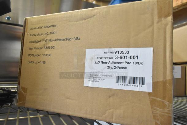 Box labeled "2x3 Non-Adherent Pad 10/Bx," item number 3-601-001, from Acme United Corporation. New condition.