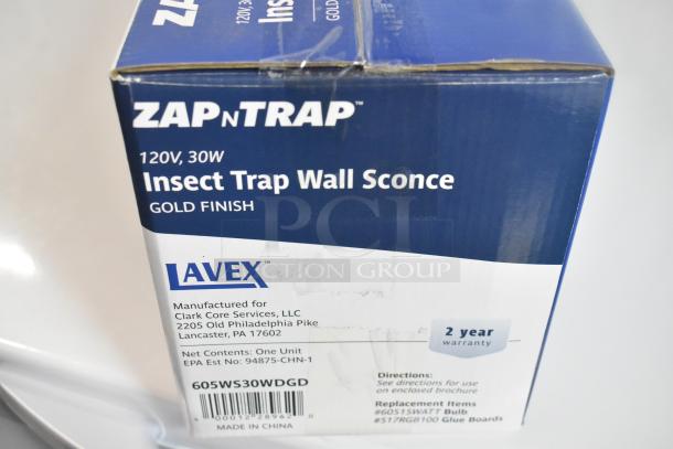 BRAND NEW Lavex Zap N Trap Gold Wall Sconce Insect Light Trap, 120V, 30W, 1500 sq. ft. coverage, 2 glue boards, model 605WS30WDGD. Box shows minor scratches and dents.