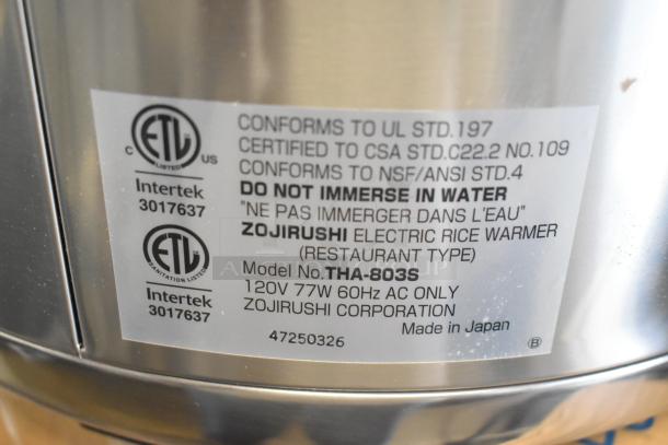 Zojirushi THA-803S stainless steel electric rice warmer, 88-cup capacity, 120V, 77W, with label details; brand new.