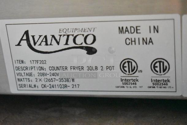 Label on the Avantco 177F202 fryer states: "Made in China." Voltage: 208-240V, Wattage: 2657-3538W, Serial#: CK-241103R-217.
