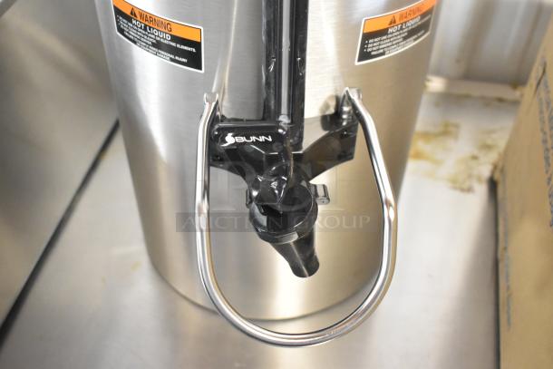 Bunn Titan TF 3 Gallon Insulated Server for Titan Dual Brewer, scratch and dent, stainless steel with warning labels on surface.