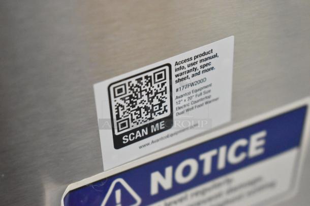 QR code sticker on Avantco 1777FW200D food warmer. Text includes product access information and item details.