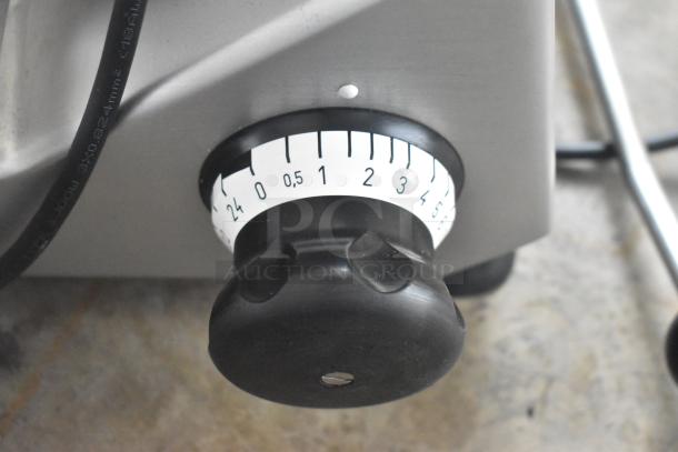 2025 Bizerba GSP H meat slicer knob, marked 0-24. Compact, commercial countertop model, 120V, 1 phase power.