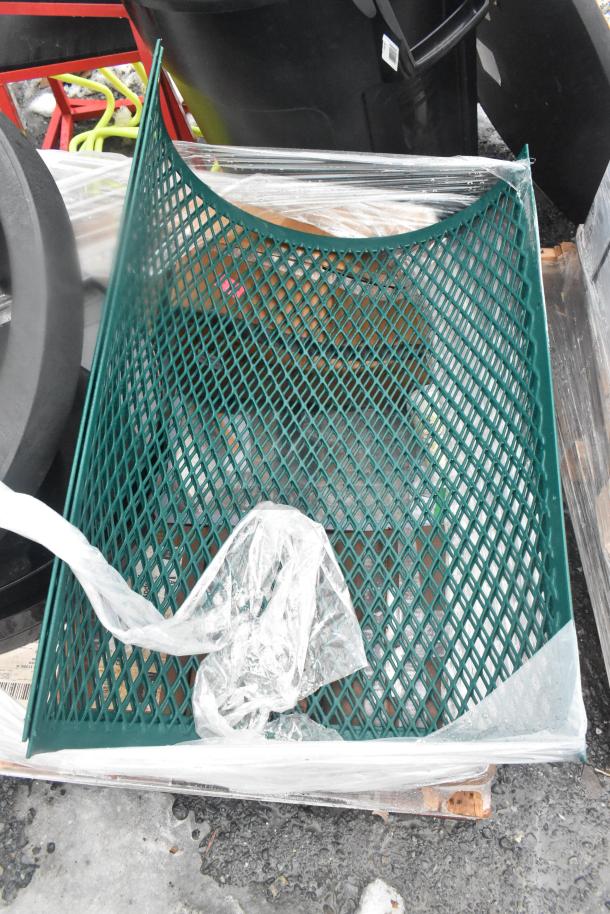 Green metal mesh trash can shell, brand new with scratch and dent condition. Includes additional items like mop heads.