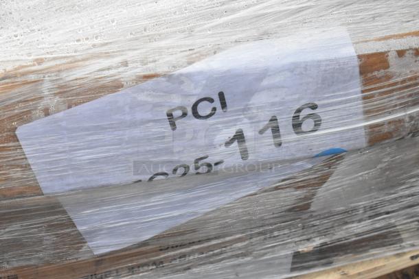 Four brand new, scratch and dent items, including a mop sink and work table, wrapped in plastic. Label shows "PCI 625-116."