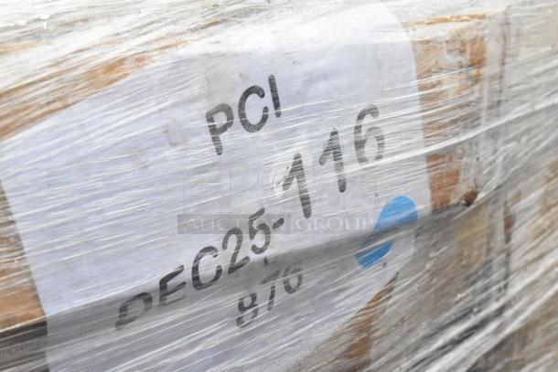 Plastic-wrapped pallet marked "PCI REC25-116" containing 4 scratch and dent items including mop sink, work table.