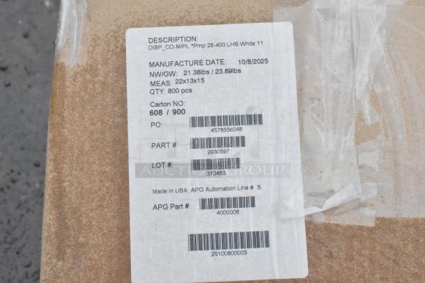 Label on package for auction, details 22x13x15 in, 21.38lbs, carton 608/900, part #2930597, made in USA, APG line #5.