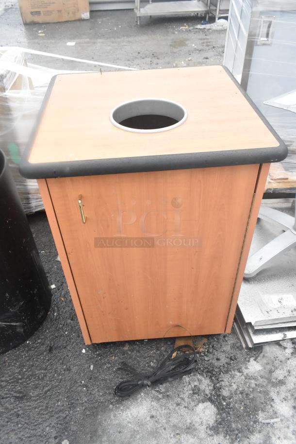 Wood pattern trash can shell with scratch and dent, includes cord; part of a set with two black poly shells.