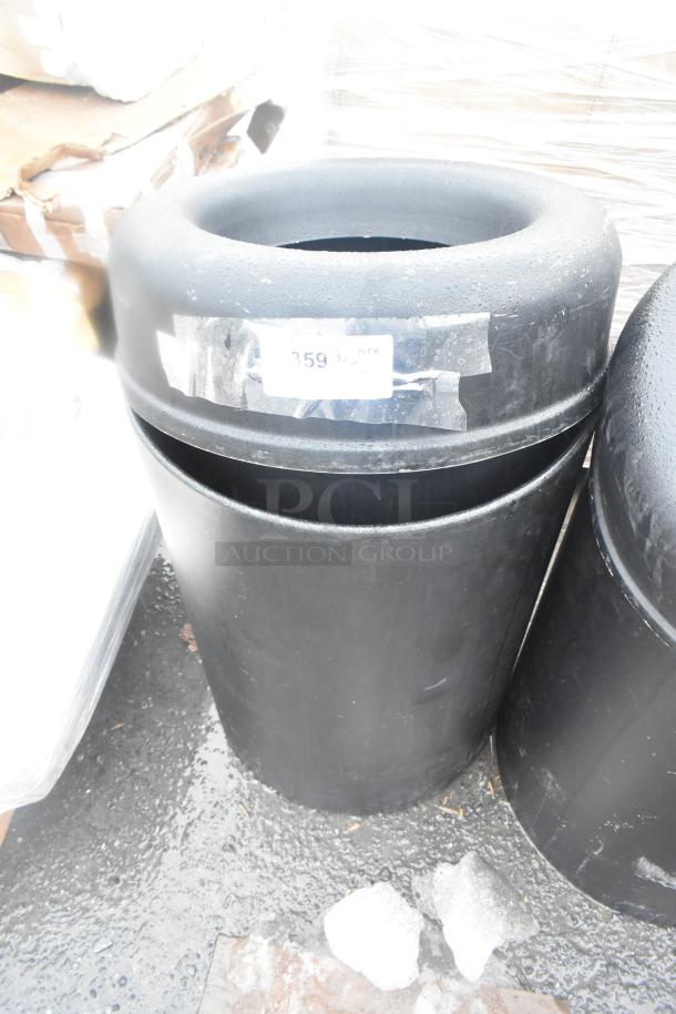 Brand new black poly trash can shell, scratch and dent condition. White label with numbers.