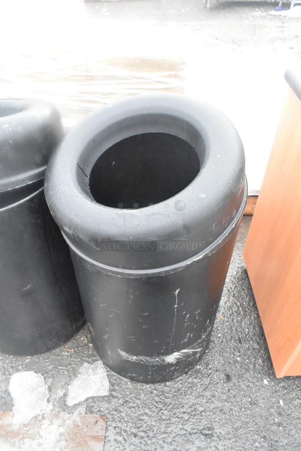 Three scratch and dent trash can shells, including two black poly and one wood pattern, brand new.