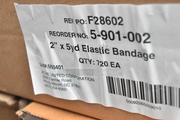 Brown cardboard box with a label showing "2” x 5yd Elastic Bandage," quantity 720 by ACME United Corporation.
